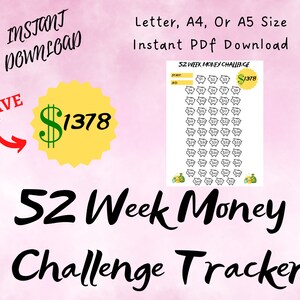 Printable 52 Week Money Challenge Tracker, Savings Challenge Tracker Sheet, Weekly Money Saving Tracker Sheet