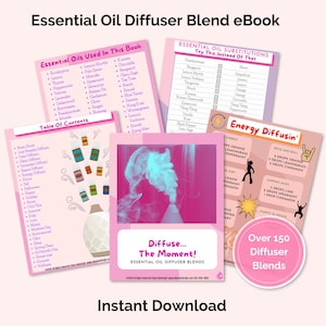 Könnte beinhalten: Ein digitales eBook mit dem Titel "Essential Oil Diffuser Blend" mit rosa und weißen Seiten. Die Seiten listen ätherische Öle, Ersatzstoffe und Diffusormischungsrezepte auf. Der Text "Sofort-Download" steht unten.