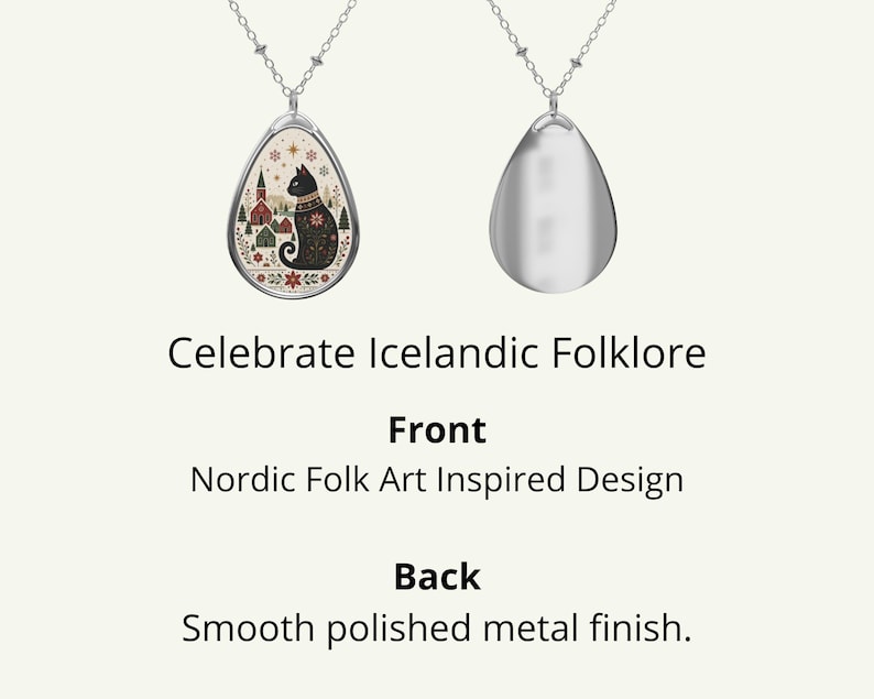 Yule Cat Necklace Inspired By Icelandic Folklore Decorative Front Smooth Polished Metal Back Optional Engraving Nordic Folk Art Scandinavian Jewelry Cat Lover Gift Christmas Necklace Iceland Gift