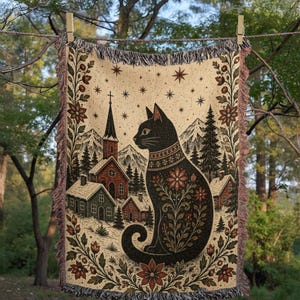 Small woven throw blanket Nordic folk art Yule Cat blanket Icelandic folklore black cat blanket Scandinavian holiday decor portable tapestry throw cozy winter gift