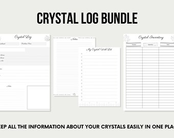 May include: A printable bundle of three black and white crystal log pages. The pages include a crystal log, notes, and a crystal inventory. The pages are decorated with a floral design.