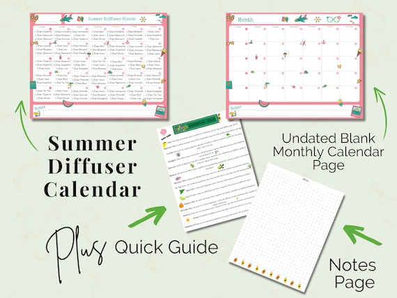 Summer Diffuser Blends Monthly Calendar | Diffusing Calendar | Printable Download | Digital Download | Essential Oil Diffuser Blends