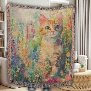 Cat Blanket for Cat Lovers – Watercolor Tabby Throw, Cat Mom Gift, Woven Cat Tapestry Blanket, Cute Cat Home Decor, Cats Woven Bedspread