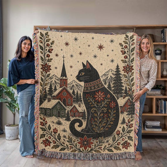 Nordic Folk Art Woven Throw Blanket Gift for Cat Lover Icelandic Folklore Yule Cat Christmas Home Decor Scandinavian Holiday Decor Cat Throw