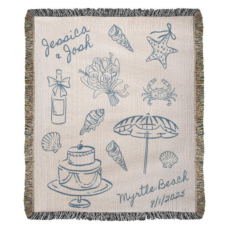 Personalized Beach Wedding Gift–Coastal Wedding Blanket, Custom Couple Throw, Newlywed or Anniversary Present, Wedding Keepsake Woven Throw image 6