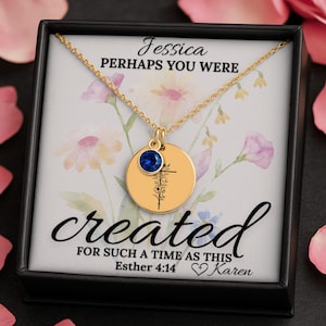 Christian Necklace-Floral Cross Pendant With Birthstone, Custom Esther 4:14 Bible Verse Encouragement Gift, Cross Necklace,Scripture Jewelry