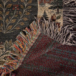 Close up woven tapestry texture premium woven throw blanket Nordic folk art craftsmanship Yule Cat blanket detailed weaving black cat blanket heirloom quality