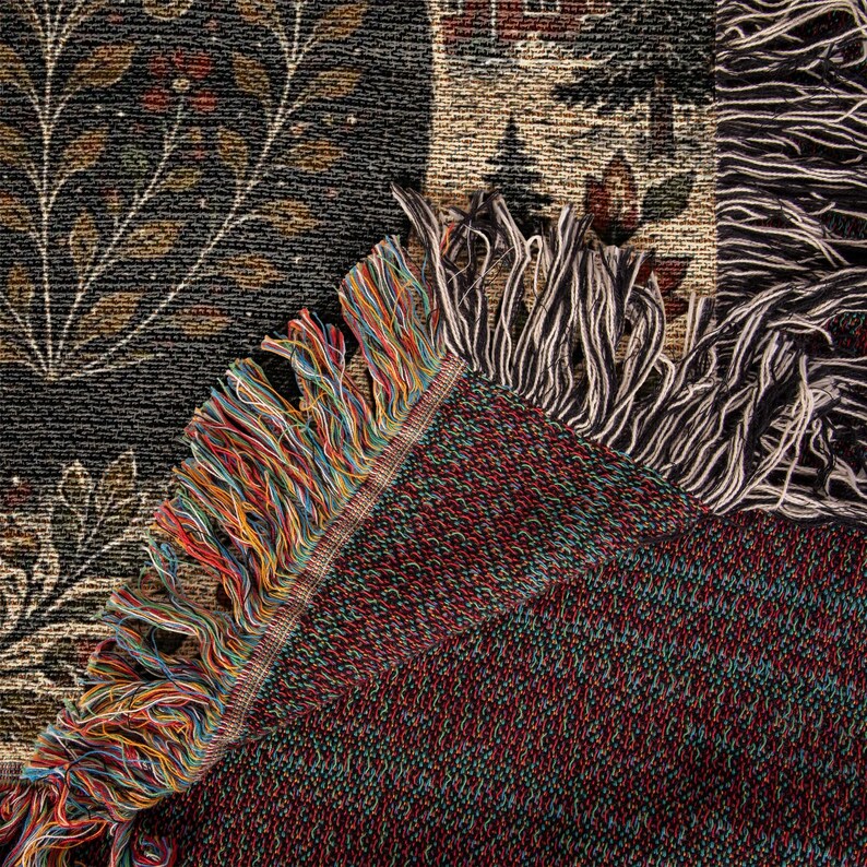 Close up woven tapestry texture premium woven throw blanket Nordic folk art craftsmanship Yule Cat blanket detailed weaving black cat blanket heirloom quality