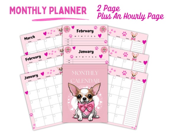Cute Chihuahua Undated Calendar | 2 Page Monthly Calendar | Calendar Printable | Dog Lover Gift Idea | Printable Planner | Dog Mom | Pink