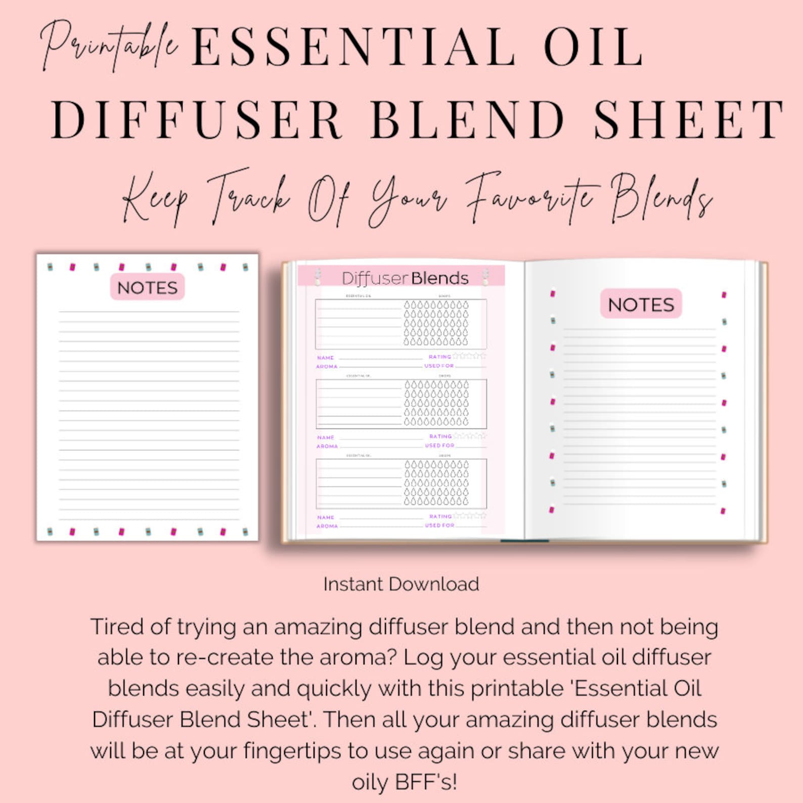 Essential Oil Diffuser Blend Sheet Plus Note Pages-printable PDF -color ...