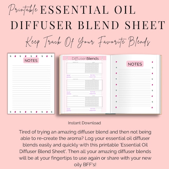 Essential Oil Diffuser Blend Sheet Plus Note Pages-Printable PDF -Color Pink & White-8.5x11 inches-Essential Oil Printable-Instant Download