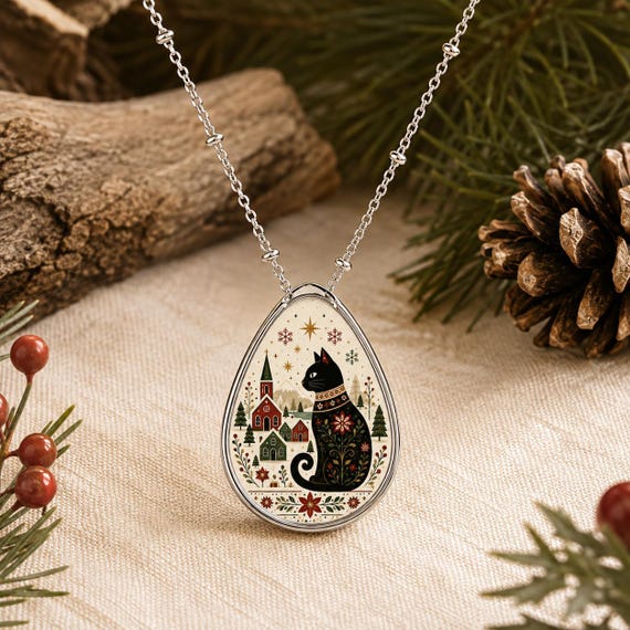 Yule Cat Necklace Nordic Folk Art Black Cat Necklace Icelandic Folklore Scandinavian Gift Iceland Gift Christmas Jewelry Gift for Cat Lover