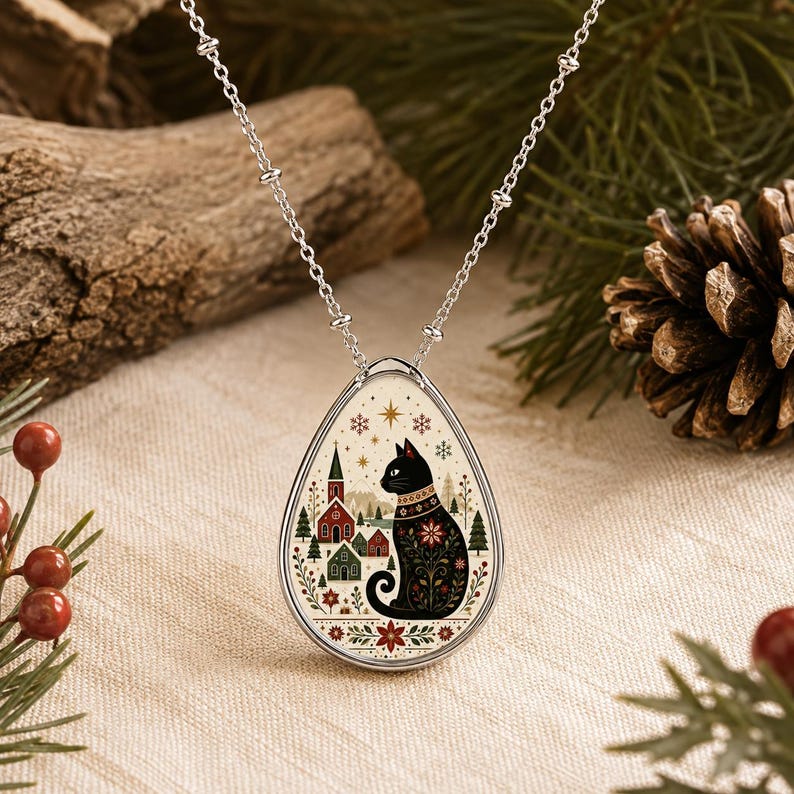 Yule Cat Necklace Nordic Folk Art Black Cat Necklace Icelandic Folklore Jólakötturinn Scandinavian Gift Iceland Gift Christmas Jewelry Gift for Cat Lover Winter Necklace Folklore Jewelry Nordic Jewelry Cat Lover Necklace