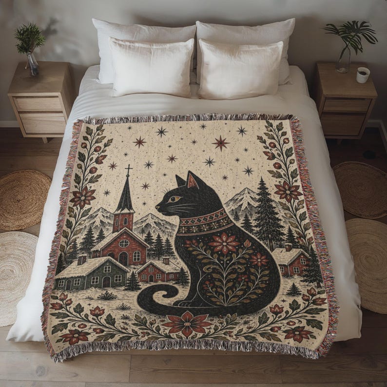 Medium woven throw blanket Yule Cat blanket Nordic folk art blanket Scandinavian bedroom decor Icelandic folklore black cat blanket Christmas home decor woven tapestry throw cat lover gift