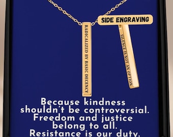 Radicalized by Basic Decency 3D Bar Necklace–Social Justice Pendant, Activism & Resist Jewelry, Anti Trump Necklace,Political Statement Gift