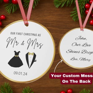 Personalized Mr Mrs First Christmas Ornament, Bride and Groom Custom Ornament, Newlywed Ornament with Custom Message, Wedding Gift Keepsake