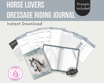 May include: A printable dressage riding journal with a gray and white horse on the cover. The journal includes pages for training plans, weekly reflections, weekly rider logs, activity logs, monthly logs, and smart goals. The journal is a digital download and includes prompts.