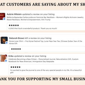 May include: A graphic display titled WHAT CUSTOMERS ARE SAYING ABOUT MY SHOP featuring three five-star reviews from Aubrie Hilstein, Deborah Brown, and Erika, with product titles and customer feedback, ending with THANK YOU FOR SUPPORTING MY SMALL BUSINESS.