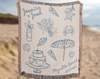 Personalized Beach Wedding Gift–Coastal Wedding Blanket, Custom Couple Throw, Newlywed or Anniversary Present, Wedding Keepsake Woven Throw