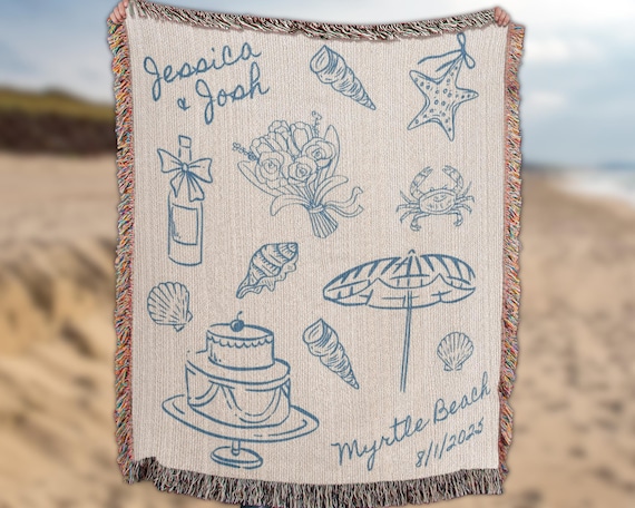 Personalized Beach Wedding Gift–Coastal Wedding Blanket, Custom Couple Throw, Newlywed or Anniversary Present, Wedding Keepsake Woven Throw