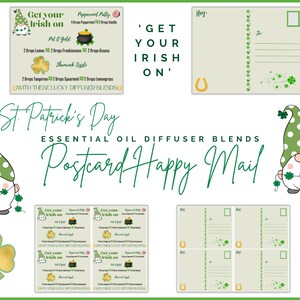 Posta felice, giorno di San Patrizio, cartoline stampabili, posta divertente, pentola d'oro, gnomo festivo, olio essenziale, vita giovane, scheda ricetta. Postale