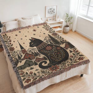 Large woven throw blanket Nordic folk art bedroom decor Yule Cat blanket Icelandic folklore blanket Scandinavian Christmas decor black cat blanket cozy winter bedding woven tapestry blanket