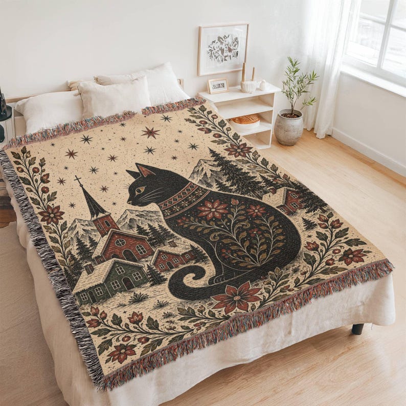 Large woven throw blanket Nordic folk art bedroom decor Yule Cat blanket Icelandic folklore blanket Scandinavian Christmas decor black cat blanket cozy winter bedding woven tapestry blanket
