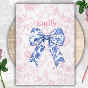 Custom Coquette Bow Notebook, Personalized Bridesmaid Journal, Maid of Honor Gift, French Style Toile Pink Notebook, Notebook For Women