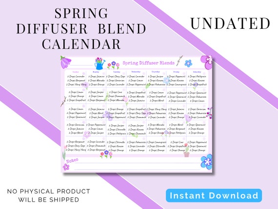 Spring Diffuser Blends Monthly Calendar | Diffusing Calendar | Printable Download | Digital Download | Essential Oil Diffuser Blends