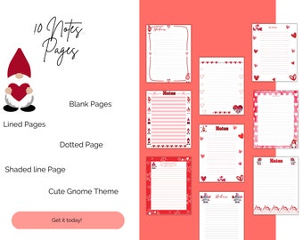 Cute Printable Valentine's Day Gnome Notes Pages-Instant Download-Red Cute Valentine Gnome Theme-Blank, Lined, Dotted Notes Page-Note Paper