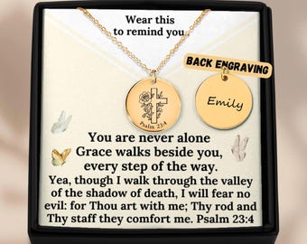 Psalm 23:4 kruisketting – gepersonaliseerd bijbelvers cadeau, aangepast christelijk cadeau voor aanmoediging, inspirerend schriftcadeau, geloofscadeau