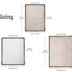 May include: Three woven cotton throw blankets with colorful yarn fringe. The blankets are rectangular, with varying sizes: 52 inches (1.3 m) high by 37 inches (0.94 m) wide, 60 inches (1.5 m) high by 50 inches (1.3 m) wide, and 80 inches (2 m) high by 60 inches (1.5 m) wide.