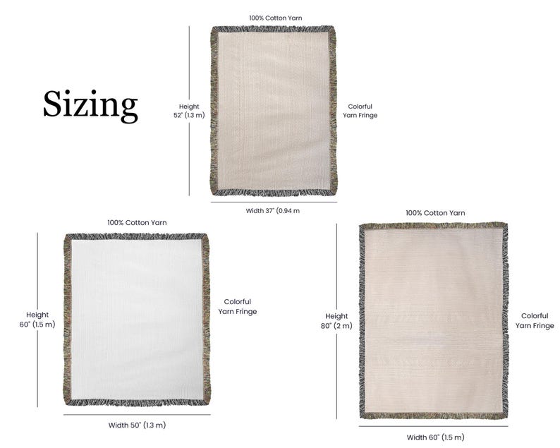 May include: Three woven cotton throw blankets with colorful yarn fringe. The blankets are rectangular, with varying sizes: 52 inches (1.3 m) high by 37 inches (0.94 m) wide, 60 inches (1.5 m) high by 50 inches (1.3 m) wide, and 80 inches (2 m) high by 60 inches (1.5 m) wide.