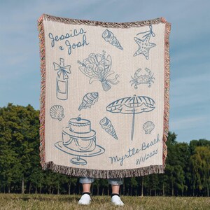 Personalized Beach Wedding Gift–Coastal Wedding Blanket, Custom Couple Throw, Newlywed or Anniversary Present, Wedding Keepsake Woven Throw image 2