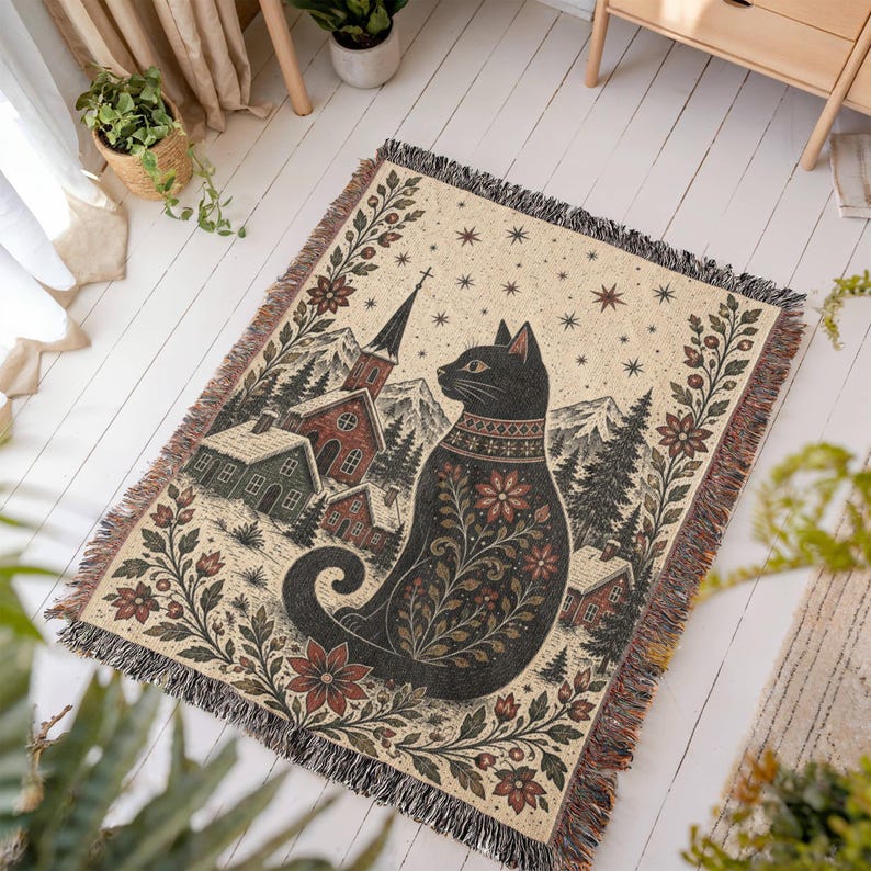 Nordic folk art woven blanket used as area rug Yule Cat blanket Icelandic folklore decor black cat home decor Scandinavian holiday decor Christmas floor accent woven tapestry blanket