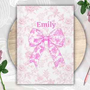 Cottagecore Coquette Custom Journal | Personalized Pink Notebook for Women | French Toile Bow Design | Bridesmaid Proposal Gift Idea