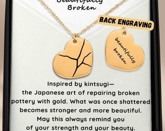Collier personnalisé coeur Kintsugi magnifiquement brisé, cadeau inspirant, collier amour de soi, divorce, rétablissement ou cadeau de guérison