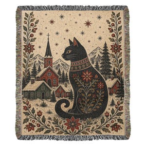 Nordic folk art woven throw blanket Yule Cat blanket black cat blanket Icelandic folklore Jólakötturinn Scandinavian Christmas decor woven tapestry throw cat lover gift winter home decor