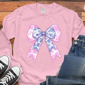 Coquette Sweatshirt-Toile De Jouy Bow Sweatshirt, Pink Toile De Jouy Girly Sweatshirt,Blue Toile De Jouy  Coquette Sweater,Coquette Clothing