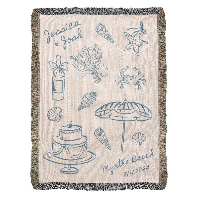 Personalized Beach Wedding Gift–Coastal Wedding Blanket, Custom Couple Throw, Newlywed or Anniversary Present, Wedding Keepsake Woven Throw image 9