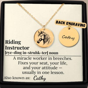 Cadeau paardrij-instructeur – paardenketting met grappige tekstberichtkaart, aangepaste naam gegraveerd, bedankje paardensportcoach en trainer