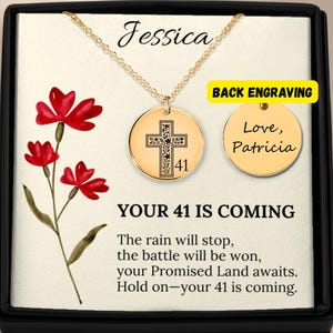 Gepersonaliseerde christelijke ketting - Your 41 is coming, bloemen kruisketting met aangepaste aanmoedigingskaart, bijbelvers cadeaus, christelijke sieraden