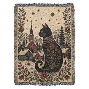 Yule Cat blanket Nordic folk art woven throw blanket Icelandic folklore Jólakötturinn black cat blanket Scandinavian holiday decor Christmas home decor woven tapestry throw cat lover gift winter blanket