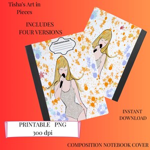 May include: Composition notebook cover with a singer illustration, blonde hair, and a microphone. The design has an orange, blue, and white star and splatter pattern. The text "PRINTABLE PNG 300 dpi" is visible on the cover.