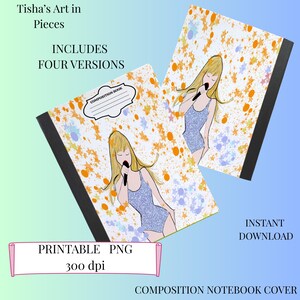 May include: Two composition notebook covers featuring a singer illustration. The covers have a white background with orange, blue, and yellow starbursts. The singer is wearing a blue sequined outfit and holding a microphone. Text includes "Tisha's Art in Pieces" and "Printable PNG 300 dpi".