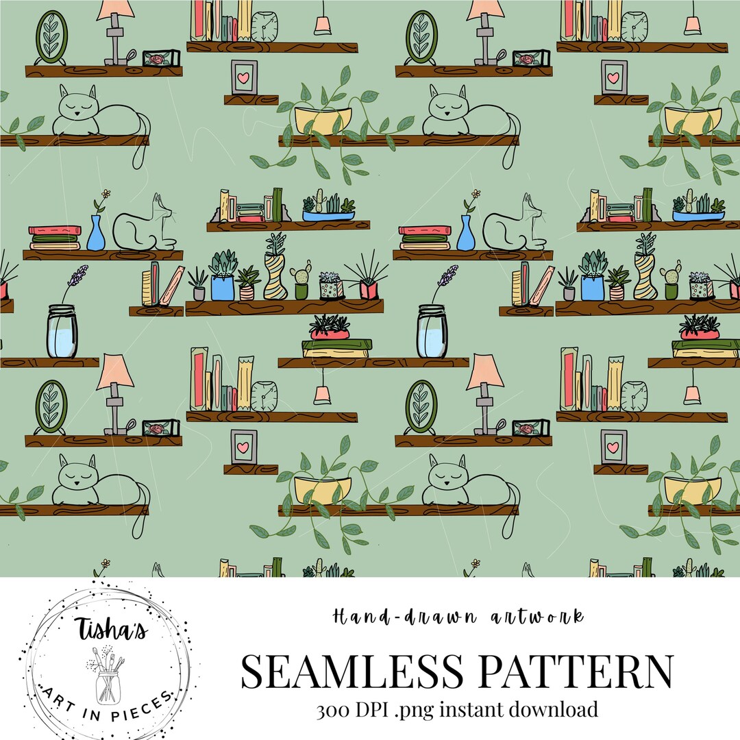 Green BOOKSHELF | Seamless Pattern| Hand-drawn| PNG 300DPI | Digital ...