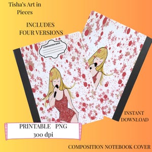 May include: Composition notebook covers with a singer illustration, blonde hair, red sparkly outfit, and a microphone. The covers have a white background with red and gold star and dot patterns. Text includes "Tisha's Art in Pieces" and "Printable PNG 300 dpi."