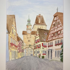 Original Rothenburg ob der Tauber Watercolor Painting: Matted 11x14" Hand-painted unique decor historical architecture city scape village