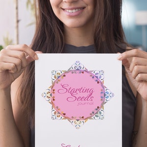 May include: A pink and white journal with a colorful mandala design and the text "Starting Seeds Journal" and "Gardening 2024".
