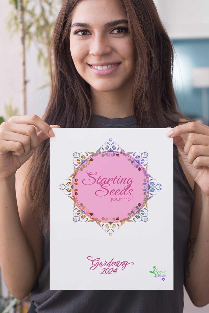 May include: A pink and white journal with a colorful mandala design and the text "Starting Seeds Journal" and "Gardening 2024".